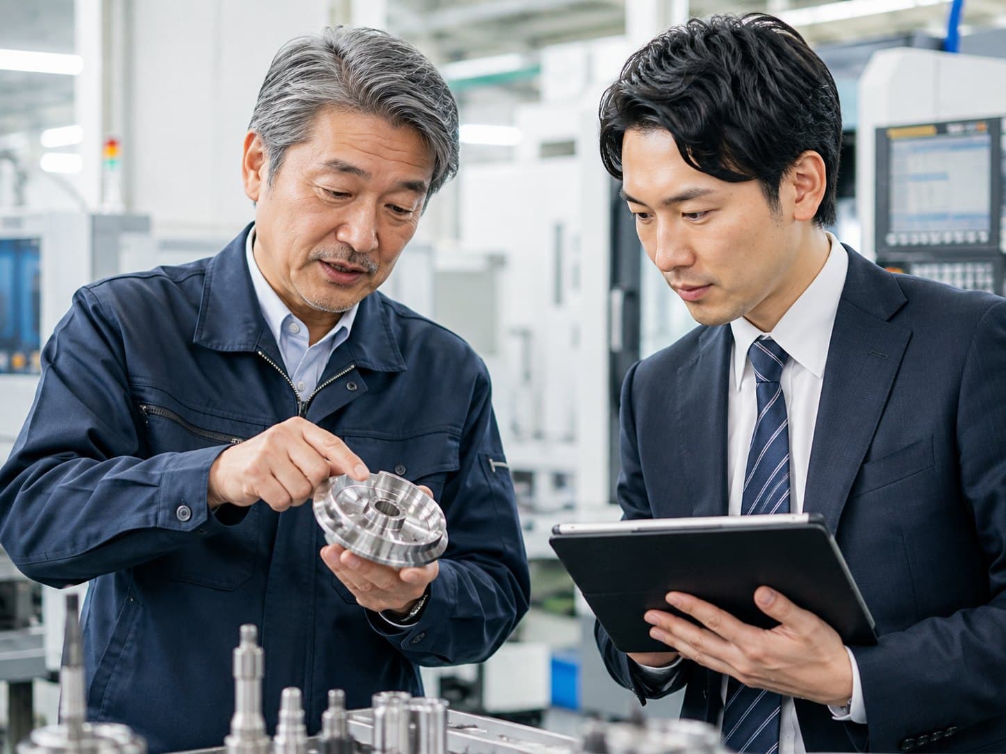 製造現場で部品を手に取り、若手と技術相談をするベテラン技術者
