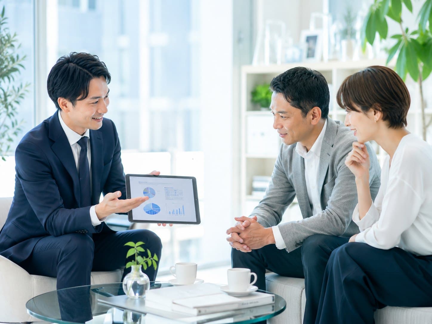 明るい応接でタブレットの資料を示しながら商談をする3人